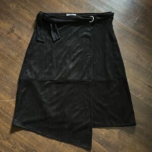 Faux Suede Solid Black Skirt with Tie Belt